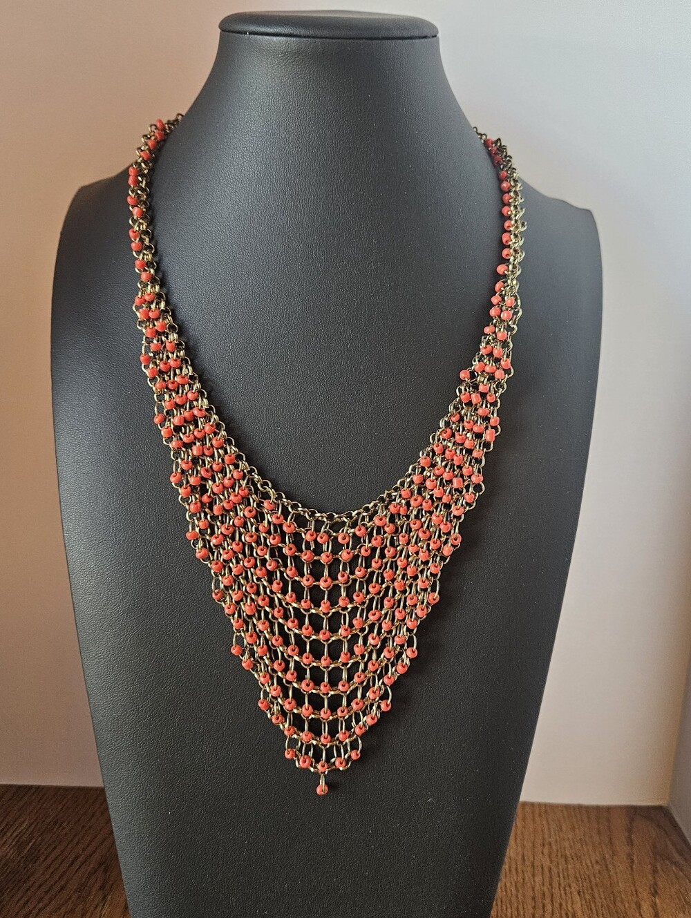 Vintage Red  Seed Bead Chainmail Mesh Statement Bib Necklace Gold Tone 14"